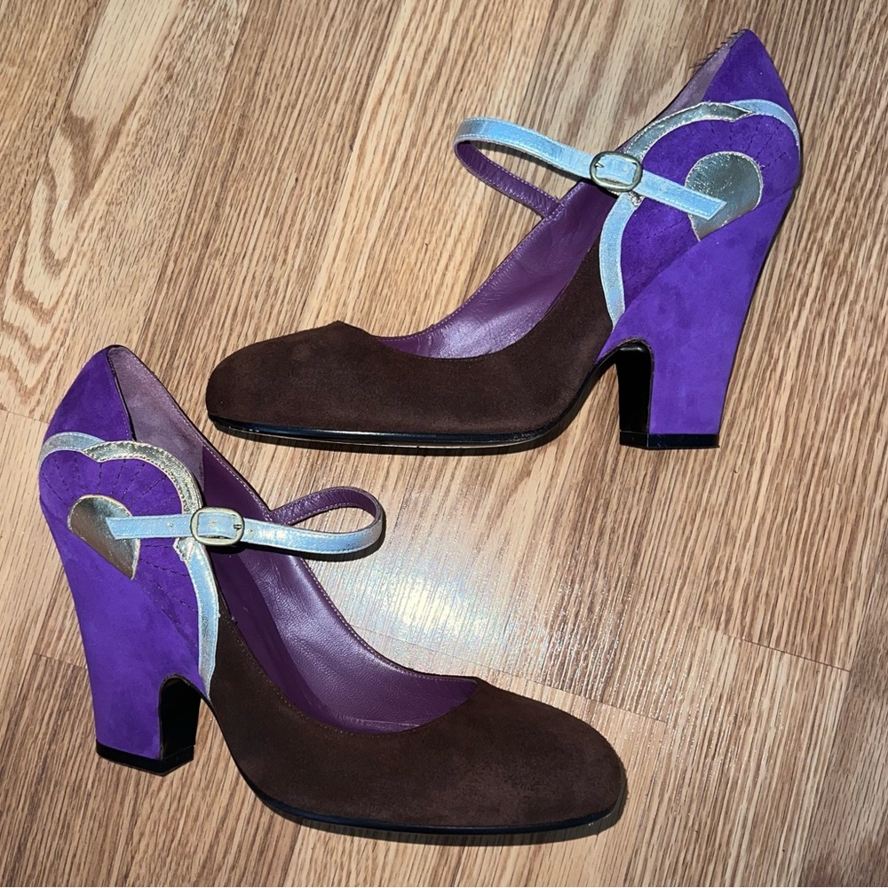 Marc Jacobs Brown Purple Suede Metallic Leather Mary Jane‎ Heels